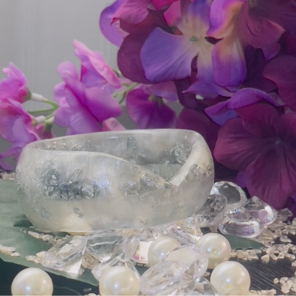 Encapsulated Silver Foil Translucent Gradient Wide Bangle Bracelet VCut Design - Picture 2 of 6